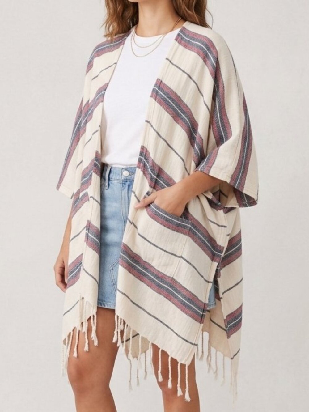 Abercrombie & Fitch Fringe Striped Kimono Cardigan Poncho Festival